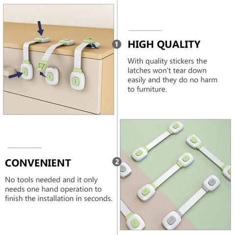 Kid Proof Cabinet Locks Set 4 Pack Adhesive Safety Straps for Drawers and Cabinets shown in use on a cabinet edge