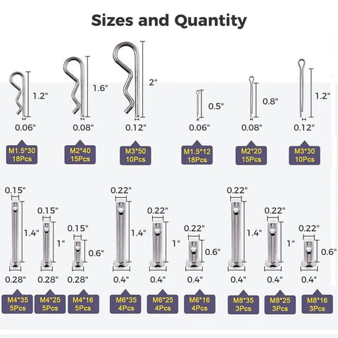Diagram of All In One 122 Pcs Clevis And Clips Fastener Set With M6 M8 Clevis Pins And M1.5 M2 M3 Cotter And Hitch Pins sizes.