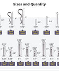 Diagram of sizes and quantities in All-In-One 122-Piece Fastener Kit With Clevis Pins M6 And M8, Tail Hitch Pins, Cotter Pins.