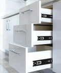 8 Pairs 6 Inch Black Soft Close Drawer Slides With Ball Bearing Full Extension Heavy Duty Quiet Hardware For Keyboard Trays Tables Drawers Shelves Nightstands And More installed on white kitchen drawers