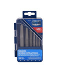 Packaging of Six Piece Square Flute Screw Extractor Set for removing broken screws and bolts without damaging threads sizes 1-6.