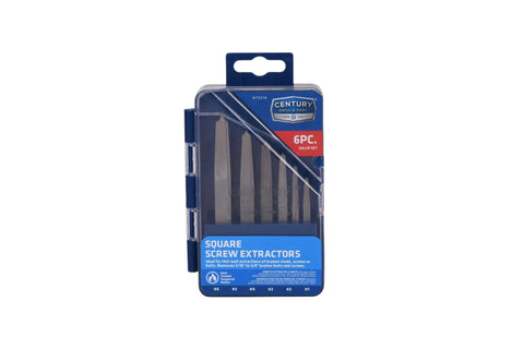 Packaging of Six Piece Square Flute Screw Extractor Set for removing broken screws and bolts without damaging threads sizes 1-6.