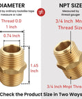 Dimensions of Brass 3/4 Inch NPT Nipple Set With Hex Two Piece Male Pipe Fittings showing thread and diameter measurements.
