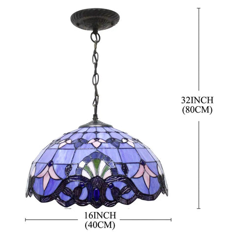Tiffany Style Pendant Light Fixture With Blue Purple Baroque Stained Glass Wide 16 Inch Shade 40 Inch Hanging Height Antique Bronze Finish