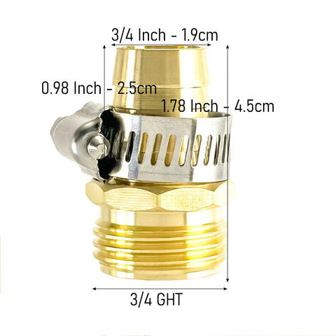 Two Pack Brass 3/4 Inch Male Thread Garden Hose Connectors Repair Kit With Stainless Clamps, Heavy Duty, showing dimensions