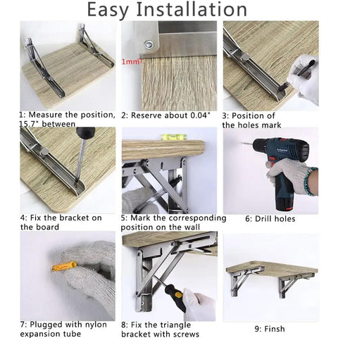 No Sweat Install Bulletproof 22 Inch Folding Shelf Brackets installation steps including tools and bracket on a wooden plank.