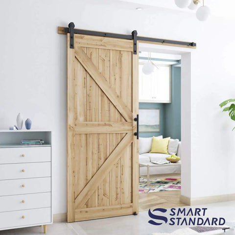 Heavy Duty Sliding Barn Door Hardware Kit In Black, Includes Pull Handle Set And Floor Guide, Fits 34 To 36 Inch Door Panels, showing wood door installation