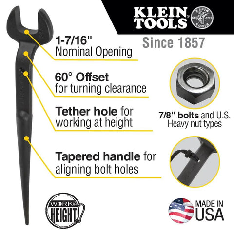 Heavy Duty Construction Spud Wrench With Tether Hole For Quick Nut Alignment, Made In USA, 1-7/16-Inch Opening And 7/8-Inch Bolt