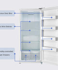 Inside view of Beefy Upright Freezer With 17 Cubic Feet Capacity And Convertible Fridge Mode featuring storage bins and glass shelves.