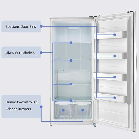 Inside view of Beefy Upright Freezer With 17 Cubic Feet Capacity And Convertible Fridge Mode featuring storage bins and glass shelves.