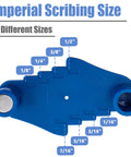 Heavy Duty Two Piece Center Scriber Set With Dead On Marking And Offset Position Gauge For Woodworking showing eight imperial sizes on a blue ABS body.