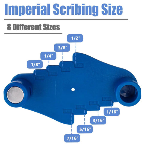 Heavy Duty Two Piece Center Scriber Set With Dead On Marking And Offset Position Gauge For Woodworking showing eight imperial sizes on a blue ABS body.