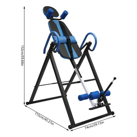 Inversion Table For Back Pain Relief With A 330lb Capacity Decompression Stretcher For Home Therapy shown in black and blue