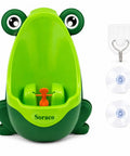 Cute Green Frog Potty Urinal For Toddlers Featuring Playful Aiming Target, 12.2x8.7x6.7 inch, with suction cups for mounting.