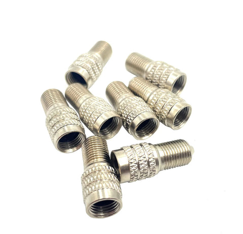 Eight knurled aluminum tire valve caps for high-pressure truck, car, RV, and bus tires