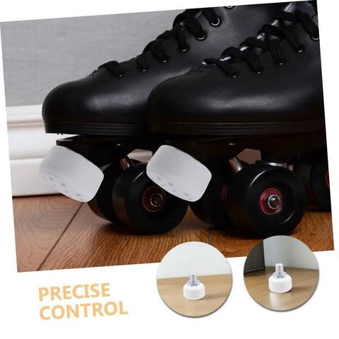 Black quad skates with Two Pack Adjustable Rubber Roller Skate Toe Stops for precision braking, strong stopping.