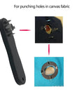 Heavy Duty Hole Punch Tool For Fabric And Canvas Hammer Punch for boat awnings, showing metal handle and holes in fabric.