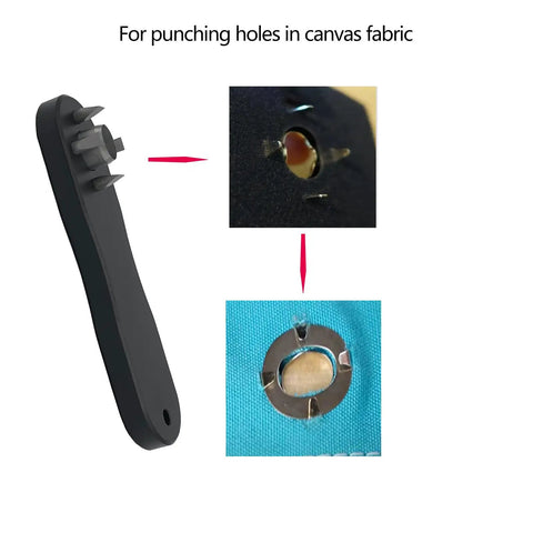Heavy Duty Hole Punch Tool For Fabric And Canvas Hammer Punch for boat awnings, showing metal handle and holes in fabric.