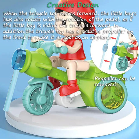 360 Degree Stunt Tricycle Toy With LED Lights And Dynamic Music Ride Simulation Pedicab STEM Spinning Electric Trike For Kids Durable Red Frame Non Slip Pedals Realistic Riding Experience Safe Easy Grip Steering, green tricycle toy with propeller and rider