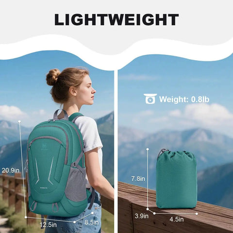 Woman wearing Ultra Lightweight Packable Backpack For Travel, Camping And Hiking, Waterproof Foldable Daypack, compact beside her