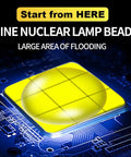 Close-up of nine core lamp bead on circuit board, featuring large area of flooding for Beast Mode Bright 90000 Lumen Hunting Headlamp.