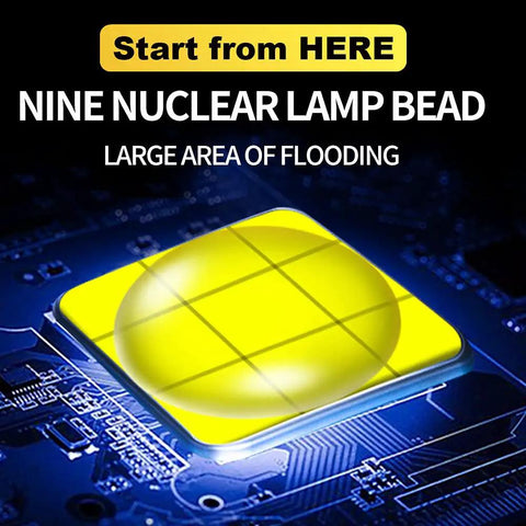 Close-up of nine core lamp bead on circuit board, featuring large area of flooding for Beast Mode Bright 90000 Lumen Hunting Headlamp.