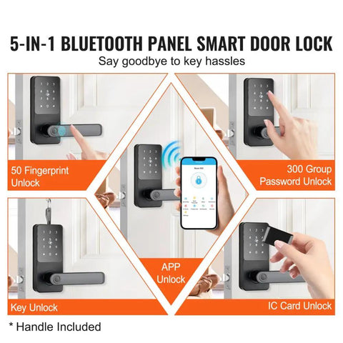 Absolute Game Changer Smart Door Lock Featuring Fingerprint Keypad Bluetooth App Control And Keyless Code Entry, showing unlock modes and handle.