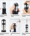 Pro Cordless Tapping Gun Machine With 21V Battery And ANSI Collets For M3 To M12 Taps. Manual And Auto Modes. Protective Chucks. Portable Power Tapper Tool With 5.0 Ah Battery Included For Diy And Professional Threading Jobs, showing setup steps for collets.