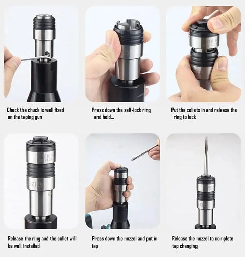 Pro Cordless Tapping Gun Machine With 21V Battery And ANSI Collets For M3 To M12 Taps. Manual And Auto Modes. Protective Chucks. Portable Power Tapper Tool With 5.0 Ah Battery Included For Diy And Professional Threading Jobs, showing setup steps for collets.