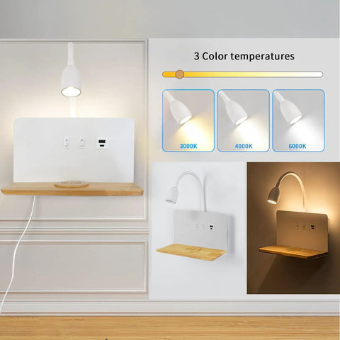 Bedside Sconce With Wireless Charging Pad And USB C And USB A Ports, 3 color temperatures with LED reading light built-in.