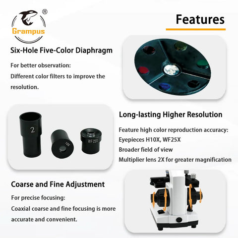 Six-hole five-color diaphragm, eyepieces H10X, WF25X, coaxial coarse focus in Achromatic Compound Minocular Microscope 40X To 2000X
