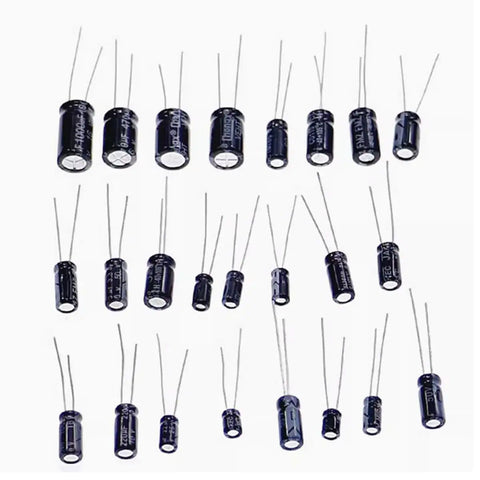 24 Value 500 Piece Aluminum Electrolytic Capacitor Kit For DIY Electronics Projects And Tinkerers With various capacitor sizes.