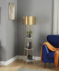 Tall Floor Lamp With Shelves And Gold Shade, Standing Reading Light For Living Room, Modern Pole Lamp with Decorative Items