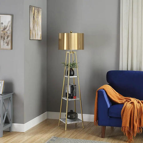 Tall Floor Lamp With Shelves And Gold Shade, Standing Reading Light For Living Room, Modern Pole Lamp with Decorative Items