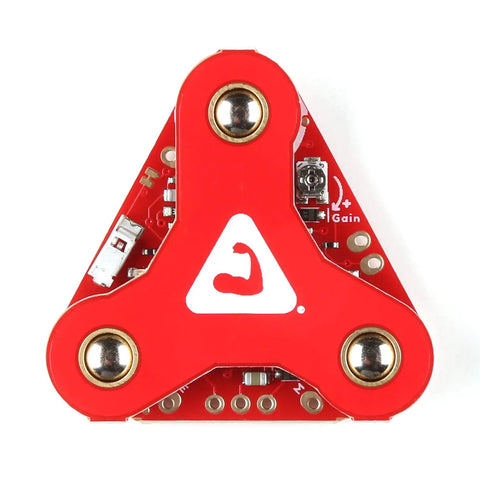 Straight Up Badass Muscle Sensor Module Featuring High Performance Emg Technology With Keyed Snap Plugs For Seamless Arduino Integrations. Top view of compact red muscle detector.