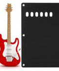 Six Hole Guitar Back Plate for Electric Guitars, Durable Plastic Rear Cover Plate Cavity Shield next to red electric guitar