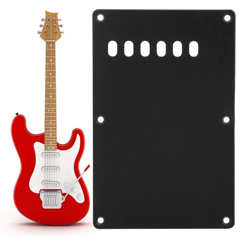 Six Hole Guitar Back Plate for Electric Guitars, Durable Plastic Rear Cover Plate Cavity Shield next to red electric guitar