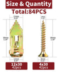 252 Piece Self Drilling Anchor And Screw Kit For Drywall And Walls Multipurpose Expansion Screws With Yellow Zinc Plating High Strength Carbon Steel Rust Resistant Long Lasting Fasteners For DIY Projects, 84 pcs size chart