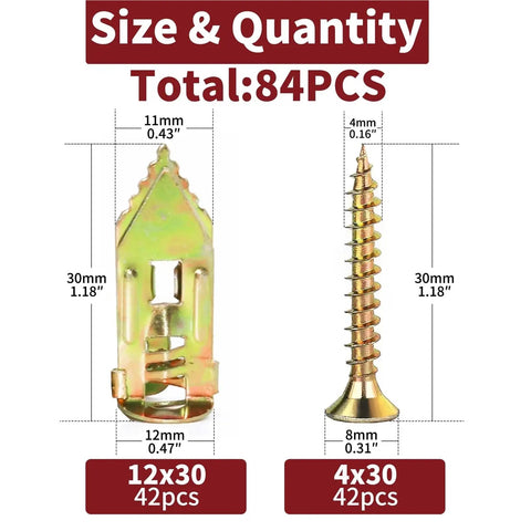 252 Piece Self Drilling Anchor And Screw Kit For Drywall And Walls Multipurpose Expansion Screws With Yellow Zinc Plating High Strength Carbon Steel Rust Resistant Long Lasting Fasteners For DIY Projects, 84 pcs size chart
