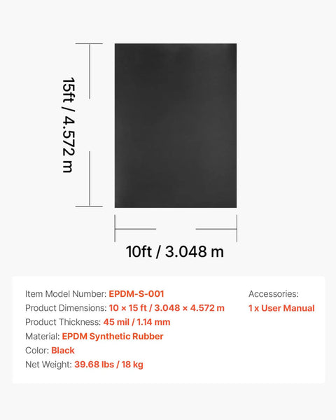 Tough As Nails 10 X 15 Ft Roll Roofing With 45 Mil EPDM Rubber Membrane, shown in dimensions, black color, flexible underlayment.