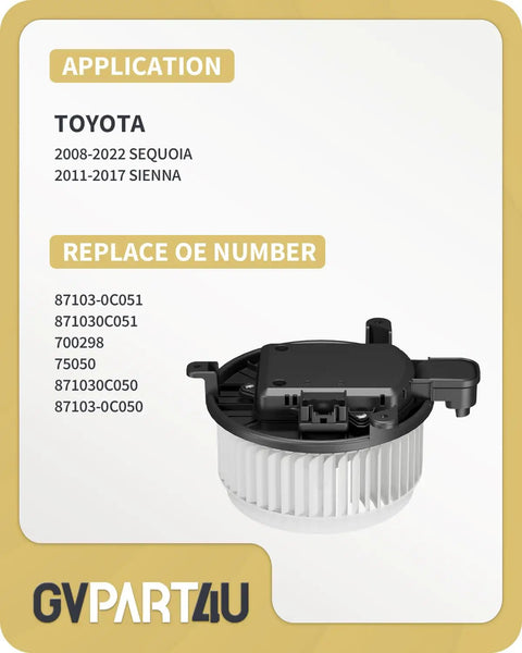 Premium Front Blower Motor For Toyota Sequoia 2008-2022 And Sienna 2011-2017 showing fan and housing for efficient climate control.