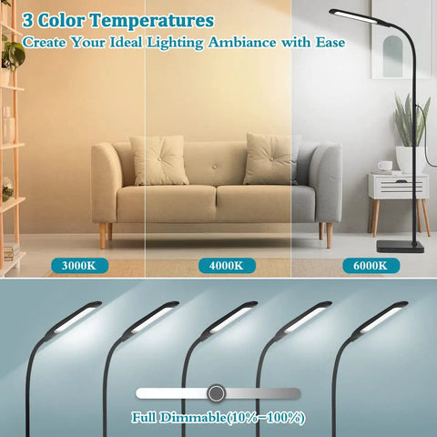 Totally Adjustable Gooseneck Floor Lamp With 3 Color Temperatures And Stepless Dimmer, 10-100 Percent Brightness, living room scene