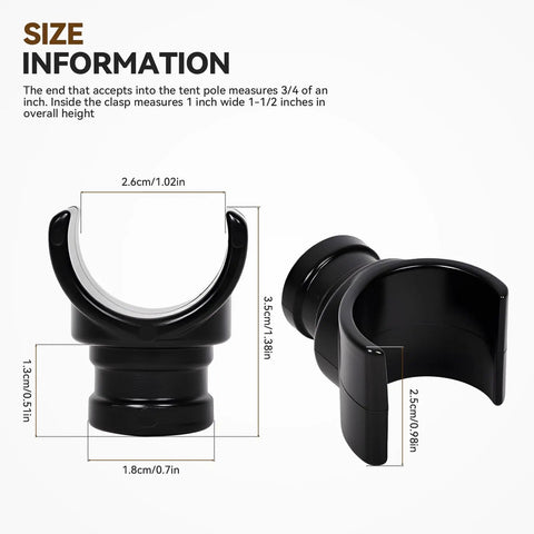 Two Pack Pop Up Camper Bed Support Clasp for Tent Poles, Quick Release Center Bow Connector, dimensions illustration