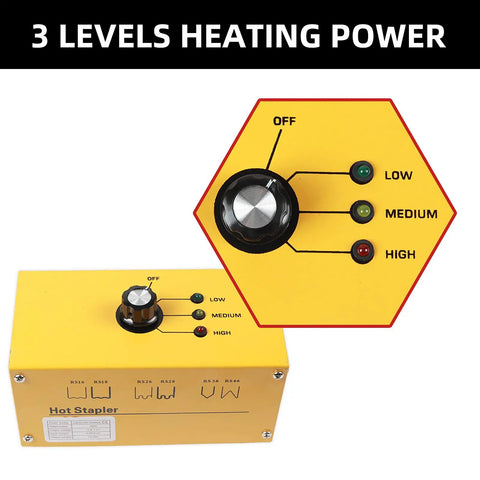 Close-up of the 110V Plastic Welder Kit With 3 Level Power showing heating level dial and settings on yellow control unit.