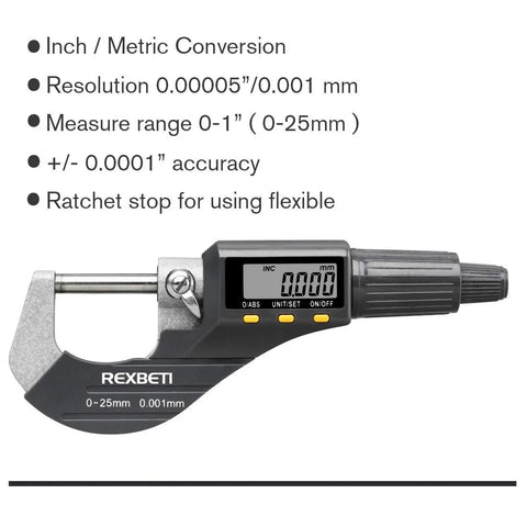 Digital Micrometer For Inch And Metric Measurements With 0 To 1 Inch Range And 0.00005 Inch Or 0.001 mm Resolution Plus Or Minus 0.0001 Inch Accuracy Large LCD Display
