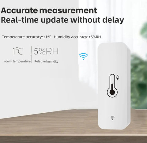 Smart WiFi Temperature And Humidity Sensor For Home With App Alerts History Logs Graphs Free Data Export Works With Alexa And Google Assistant One Pack against wood surface