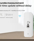 2 Pack WiFi Temperature Humidity Sensor With App Alerts And Graphs No Sweat Setup For Easy Home Monitoring on wooden surface