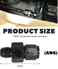 6AN fuel line adapter NYTKL, aluminum, male flare to 6AN female swivel with 1/8 NPT gauge port (installed view)