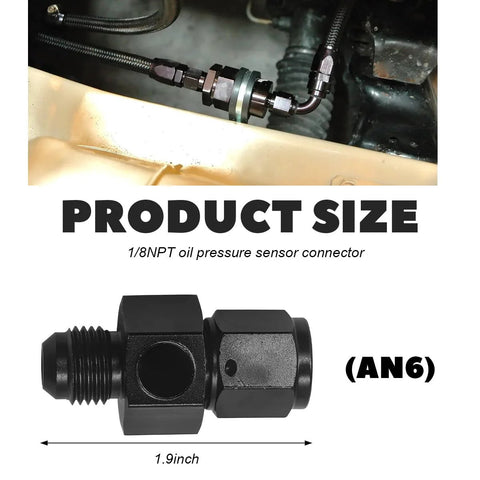 6AN fuel line adapter NYTKL, aluminum, male flare to 6AN female swivel with 1/8 NPT gauge port (installed view)