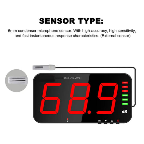 Digital Decibel Meter With Large LCD Display For Home Office And Workshop 30 To 130 dB Sound Level Reader Wall Mounted Or Hanging Noise Meter With Alarm Temperature And Humidity Readout Adjustable Brightness TA654B, external sensor
